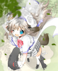 Rule 34 | 1girl, animal ears, belka, blue eyes, blush, cape, dog, grey hair, hat, highres, kemonomimi mode, little busters!, long hair, noumi kudryavka, one eye closed, open mouth, revision, school uniform, solo, soutsuki naru, strelka, tail, thighhighs, wink