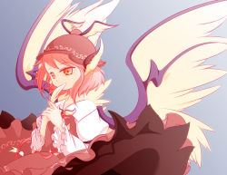 Rule 34 | 1girl, alternate eye color, animal ears, blue background, brown dress, clothes lift, covering own mouth, dress, dress lift, earrings, feathers, female focus, fingernails, gazing, hat, holding, jewelry, kokutou-3325, long fingernails, long sleeves, mystia lorelei, orange eyes, own hands together, petticoat, pink hair, short hair, simple background, solo, staring, touhou, wings
