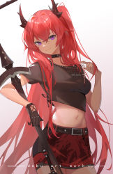 Rule 34 | arknights, artist name, belt, belt buckle, black gloves, black shirt, breasts, buckle, character name, chinese commentary, closed mouth, clothes writing, collar, commentary request, cowboy shot, crop top, cross, cross necklace, debu xiao huajiang, demon horns, gloves, gradient background, highres, horns, jewelry, long hair, looking at viewer, medium breasts, midriff, miniskirt, navel, necklace, official alternate costume, pink background, ponytail, purple eyes, red hair, red skirt, shirt, short sleeves, skirt, smile, solo, stomach, surtr (arknights), surtr (liberte echec) (arknights), sword, very long hair, weapon, white background