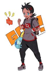 Rule 34 | 1boy, androgynous, black pants, blue eyes, character name, clenched hand, creatures (company), dated, fon-due (fonfon), full body, game freak, gen 4 pokemon, gen 8 pokemon, goh (pokemon), grey footwear, grey shirt, highres, holding, holding poke ball, male focus, nintendo, pants, poke ball, poke ball (basic), pokemon, pokemon (anime), pokemon journeys, red socks, rotom, rotom phone, shirt, short hair, signature, sobble, socks, solo, standing