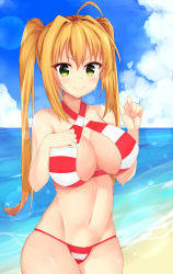 Rule 34 | &gt;:&gt;, 10s, 1girl, :&gt;, ahoge, alternate hairstyle, ayumu (ayumu3659), bad id, bad pixiv id, beach, bikini, blonde hair, blush, breasts, cloud, cowboy shot, day, fate/extra, fate/grand order, fate (series), green eyes, hair intakes, halterneck, hand on own chest, highres, large breasts, long hair, looking at viewer, navel, nero claudius (fate), nero claudius (fate) (all), nero claudius (swimsuit caster) (fate), ocean, outdoors, sky, smile, solo, sparkle, striped bikini, striped clothes, swimsuit, twintails, v-shaped eyebrows, water, wet