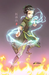 Rule 34 | 1girl, avatar: the last airbender, avatar legends, azula, black hair, chinese clothes, electricity, fighting stance, fire, highres, kellylee, short hair, solo, yellow eyes