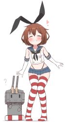 Rule 34 | 1girl, absurdres, brown hair, closed eyes, cosplay, elbow gloves, full body, gloves, heart, highres, ikazuchi (kancolle), kantai collection, microskirt, no shoes, rensouhou-chan, shimakaze (kancolle), shimakaze (kancolle) (cosplay), simple background, skirt, sleeveless, smile, solo, striped clothes, striped thighhighs, thighhighs, tiemu (man190)