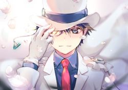 Rule 34 | 1boy, blue eyes, blue shirt, closed mouth, collared shirt, feathers, gloves, hand up, hat, jacket, kaitou kid, kuga tsukasa, looking at viewer, magic kaito, male focus, monocle, necktie, red necktie, shirt, smile, solo, upper body, white gloves, white hat, white jacket, wing collar
