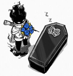 Rule 34 | blue flower, blue rose, bouquet, cape, chibi, coffin, der freischuetz (project moon), fire, flaming head, flaw eight, flower, funeral of the dead butterflies, gloves, greyscale, gun, holding, holding bouquet, jacket, long sleeves, monochrome, pants, project moon, rifle, rose, simple background, sleeping, spot color, weapon, white background