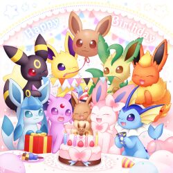 Rule 34 | animal focus, balloon, birthday, blonde hair, blue eyes, blush, bow, brown eyes, cake, candle, candy, canineprince, creatures (company), eevee, espeon, fangs, fins, fire, flareon, food, forehead jewel, fruit, game freak, gen 1 pokemon, gen 2 pokemon, gen 4 pokemon, gen 6 pokemon, gift, glaceon, happy, hat, highres, jolteon, leaf, leafeon, mouth hold, nintendo, no humans, open mouth, party hat, plate, pokemon, pokemon (creature), purple eyes, red eyes, ribbon, sidelocks, smile, strawberry, sylveon, table, umbreon, vaporeon