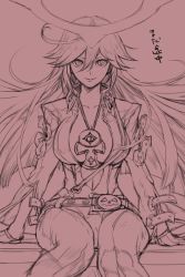 Rule 34 | 1girl, arc system works, belt, center opening, spiked halo, guilty gear, guilty gear xrd, halo, hungry clicker, jack-o&#039; valentine, jewelry, monochrome, necklace, sitting, sketch, solo
