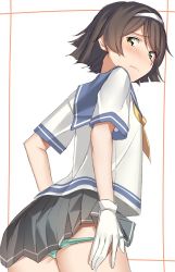 Rule 34 | 1girl, black hair, blue sailor collar, brown eyes, commentary request, cowboy shot, from behind, gloves, grey skirt, hairband, kantai collection, looking at viewer, looking back, neckerchief, pallad, panties, panty pull, pleated skirt, sailor collar, school uniform, serafuku, short hair, short sleeves, skirt, solo, tanikaze (kancolle), thighhighs, underwear, undressing, white background, white gloves, white hairband, white thighhighs, yellow neckerchief