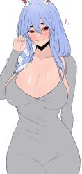 Rule 34 | 1girl, absurdres, animal ears, blue hair, braid, braided ponytail, breasts, cleavage, closed mouth, collarbone, dongtan dress, dress, edmun6969, grey dress, heart, highres, hololive, large breasts, long hair, looking at viewer, mature female, meme attire, multicolored hair, pekomama, rabbit ears, rabbit girl, red eyes, simple background, smile, solo, standing, virtual youtuber, white background, white hair