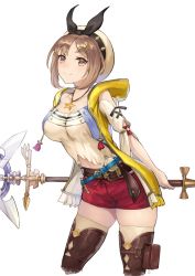 Rule 34 | 1girl, atelier (series), atelier ryza, atelier ryza 1, bad id, bad pixiv id, belt, belt buckle, blue belt, breasts, brown belt, brown hair, buckle, clothing cutout, collarbone, commentary request, cropped legs, flask, hair ornament, hairclip, holding, holding staff, hood, hood down, jacket, jewelry, large breasts, leaning forward, leather belt, long sleeves, looking at viewer, maekawa yuichi, midriff peek, necklace, pouch, red shorts, reisalin stout, round-bottom flask, shirt, short hair, short shorts, shorts, shoulder cutout, simple background, skindentation, smile, solo, staff, standing, star (symbol), star necklace, thigh pouch, thighhighs, thighs, vial, white background, white headwear, white shirt, white thighhighs, yellow jacket