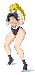 Rule 34 | 1girl, blonde hair, blue eyes, boxing gloves, breasts, convenient censoring, devil-v, highres, huge breasts, kickboxing, original, shorts, topless, white background
