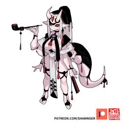 Rule 34 | 1girl, earrings, highres, horns, jewelry, long hair, monster girl, multiple arms, no bra, pale skin, patreon logo, pointy ears, red eyes, revealing clothes, shawnger, smoking pipe, tail, third eye, watermark, white hair