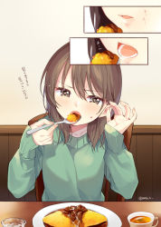 Rule 34 | 1girl, blush, brown eyes, brown hair, commentary request, eating, food, fork, hazuki natsu, highres, holding, lips, long hair, long sleeves, looking at viewer, omelet, omurice, open mouth, original, plate, rice, sitting, spoon, sweater, table