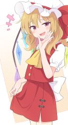 Rule 34 | +++, 1girl, ascot, back bow, blonde hair, blush, bow, clothes lift, commentary request, cowboy shot, crystal, fang, flandre scarlet, hand up, haruki reimari, hat, hat ribbon, highres, long hair, looking at viewer, mob cap, open mouth, red eyes, red ribbon, red skirt, red vest, ribbon, shirt, short sleeves, skin fang, skirt, skirt lift, smile, solo, touhou, vest, white background, white hat, white shirt, wings, yellow ascot, yellow background