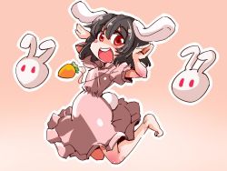 Rule 34 | 1girl, animal ears, black hair, carrot, carrot necklace, dress, gradient background, inaba tewi, jewelry, necklace, open mouth, rabbit, rabbit ears, red eyes, shinapuu, short hair, smile, solo, tail, touhou