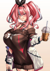 Rule 34 | 1girl, :q, absurdres, azur lane, bag, bare shoulders, between breasts, black choker, black ribbon, black sweater, blush, bra strap, breasts, bremerton (azur lane), bremerton (day-off date) (azur lane), bubble tea, choker, cleavage, collarbone, commentary request, cowboy shot, cup, disposable cup, dress, drinking straw, ear piercing, eyebrows hidden by hair, garter straps, grey hair, hair between eyes, hair ornament, hair ribbon, highres, holding, holding bag, holding cup, huge breasts, jacket, long hair, looking at viewer, mole, mole on breast, mole under eye, multicolored hair, off-shoulder dress, off shoulder, official alternate costume, open clothes, open jacket, piercing, pink eyes, pink hair, ribbon, sidelocks, simple background, smile, solo, standing, star (symbol), star print, strap between breasts, streaked hair, sweater, sweater dress, tongue, tongue out, twintails, two-tone hair, ura tomoya, white background, white jacket
