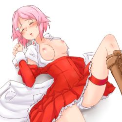 Rule 34 | 10s, 1girl, blush, boots, closed eyes, flany, knee boots, lisbeth (sao), nipples, open clothes, open mouth, open shirt, panties, pink hair, shirt, skindentation, sleep molestation, sleeping, solo, sword art online, tagme, thigh strap, underwear