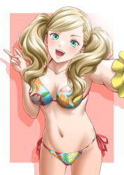 Rule 34 | 1girl, :d, bikini, blonde hair, border, breasts, collarbone, floral print, green eyes, hair ornament, hairclip, highres, long hair, masatoshi 1219, medium breasts, navel, open mouth, outstretched arm, persona, persona 5, print bikini, smile, solo, stomach, swept bangs, swimsuit, takamaki anne, teeth, twintails, v, wavy hair, white border