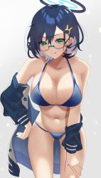 Rule 34 | 1girl, :q, bare shoulders, bikini, black hair, blue archive, blue bikini, blue jacket, blush, breasts, chihiro (blue archive), cleavage, cowboy shot, glasses, green-framed eyewear, green eyes, grey background, groin, hair between eyes, hair ornament, hairclip, halo, halterneck, hand on own hip, hand on own leg, highres, jacket, katagirinanoka, large breasts, leaning forward, licking lips, long sleeves, looking at viewer, multicolored hair, off shoulder, open clothes, open jacket, rabbit hair ornament, semi-rimless eyewear, short hair, simple background, standing, stomach, string bikini, swimsuit, thighs, tongue, tongue out, two-tone hair