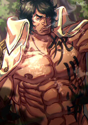 Rule 34 | 1boy, abs, absurdres, aramaki (ryokugyu), artist name, body writing, burotti, facial hair, forest, highres, large pectorals, looking at viewer, military, military uniform, muscular, nature, one piece, pants, pectorals, print pants, serious, short hair, simple background, smoking, standing, tree, uniform