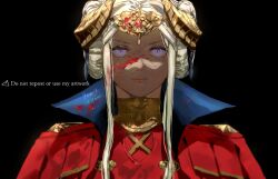 Rule 34 | 1girl, 91007, :|, artist name, black background, blood, blood on clothes, blood on face, closed mouth, commentary, copyright name, double bun, edelgard von hresvelg, fire emblem, fire emblem: three houses, gem, gold horns, hair bun, headpiece, horns, long hair, nintendo, parted bangs, portrait, purple eyes, red gemstone, short hair with long locks, simple background, solo, straight-on, twitter username, upper body, white hair