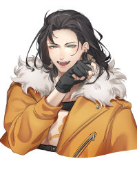 Rule 34 | absurdres, beard stubble, black gloves, black hair, buckle, chest tattoo, cropped torso, earrings, facial hair, fingerless gloves, fur collar, fur trim, gloves, green eyes, highres, holostars, holostars english, jacket, jewelry, josuiji shinri, long hair, long sleeves, looking at viewer, male focus, open mouth, orange jacket, slw2 07, smile, snap-fit buckle, stubble, tattoo, topless male, upper body, virtual youtuber, zipper