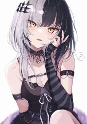 Rule 34 | :o, absurdres, bare shoulders, black hair, black nails, breasts, choker, choppy bangs, cleavage, fang, highres, hololive, hololive english, long hair, looking at viewer, medium breasts, misa1587, multicolored hair, shiori novella, shiori novella (1st costume), split-color hair, two-tone hair, upper body, virtual youtuber, white background, white hair, yellow eyes
