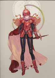 Rule 34 | 1girl, armor, belt, black legwear, breastplate, brown hair, cape, closed mouth, frills, gauntlets, heart, helmet, highres, holding, holding sheath, holding sword, holding weapon, knight, long hair, nishiki areku, original, patterned, patterned background, pauldrons, red armor, red cape, red eyes, red footwear, scabbard, sheath, sheathed, shoulder armor, signature, solo, standing, sword, texture, vambraces, weapon