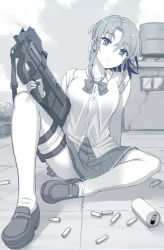 Rule 34 | 1girl, blonde girl (itou), bow, breasts, bullet casing, bullpup, can, cleavage, collared shirt, commentary, expressionless, fn 5.7x28mm, gun, hair between eyes, head tilt, highres, holding, holding gun, holding weapon, horizontal magazine, itou (onsoku tassha), leg up, loafers, looking at viewer, military cartridge, monochrome, on ground, on roof, open collar, original, outdoors, p90, panties, panty peek, partially unbuttoned, pdw cartridge, personal defense weapon, pistol cartridge, pleated skirt, ponytail, shell casing, shirt, shoes, sidelocks, sitting, skirt, sleeves rolled up, solo, submachine gun, thigh strap, thighhighs, translucent, trigger discipline, underwear, unfinished, weapon