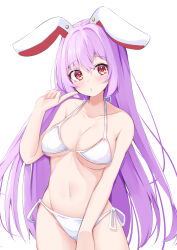 Rule 34 | 1girl, animal ears, bikini, breasts, cleavage, closed mouth, commentary request, cowboy shot, groin, large breasts, long hair, looking at viewer, navel, purple hair, rabbit ears, rabbit girl, red eyes, reisen udongein inaba, rururiaru, side-tie bikini bottom, simple background, solo, swimsuit, touhou, white background, white bikini