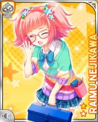 Rule 34 | 1girl, asymmetrical legwear, belt, blue bow, bow, cardigan, character name, closed eyes, girlfriend (kari), glasses, hair ornament, hammer, hand on own face, laughing, looking at viewer, medium hair, mismatched legwear, nejikawa raimu, official art, pink belt, pink hair, pocket, purple eyes, qp:flapper, robot, roller skates, shoes, skates, sneakers, solo, standing, tagme, toolbox, tools, twintails, yellow background