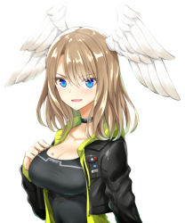 Rule 34 | 1girl, black shirt, blonde hair, blouse, blue eyes, breast tattoo, breasts, choker, cleavage, eunie (xenoblade), hair between eyes, head wings, highres, looking at viewer, parted bangs, shirt, simple background, solo, tattoo, watarui, white background, wings, xenoblade chronicles (series), xenoblade chronicles 3