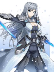 Rule 34 | 1girl, armor, blue eyes, breast tattoo, breasts, cleavage cutout, clothing cutout, ethel (xenoblade), fgsketch, grey hair, highres, holding, holding sword, holding weapon, large breasts, long hair, shoulder armor, solo, sword, tattoo, weapon, xenoblade chronicles (series), xenoblade chronicles 3