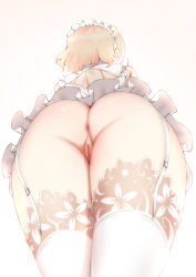 Rule 34 | anus, ass, ass focus, back, blonde hair, frills, from behind, garter straps, gradient background, kinhasu, lace, lace-trimmed legwear, lace trim, maid, maid headdress, no panties, pussy, short hair, skindentation, solo, thighhighs, thighs, uncensored, white thighhighs