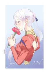 Rule 34 | 1girl, back cutout, blue background, blue ribbon, blush, clothing cutout, collared dress, commentary request, dress, edelgard von hresvelg, english text, fire emblem, fire emblem: three houses, flower, framed, from side, gradient background, hair ribbon, highres, holding, holding flower, jewelry, long sleeves, looking away, nintendo, parted lips, puffy long sleeves, puffy sleeves, purple eyes, red dress, red flower, ribbon, ring, riromomo, side ponytail, sidelocks, simple background, smelling flower, smile, solo, sparkle, upper body, white hair, yuri