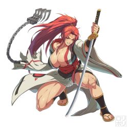 Rule 34 | absurdres, amputee, baiken, black kimono, breasts, claw (weapon), derivative work, facial tattoo, guilty gear, guilty gear strive, guilty gear xx, highres, jamrolypoly, japanese clothes, katana, kimono, large breasts, multicolored clothes, multicolored kimono, muscular, muscular female, one-eyed, pink hair, ponytail, red eyes, samurai, sandals, sash, scar, scar across eye, scar on face, solo, sword, tattoo, thighs, toes, weapon, white kimono