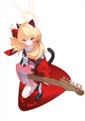 Rule 34 | 1girl, absurdres, animal ears, black footwear, blonde hair, blue archive, cat ears, cat tail, closed mouth, dutch angle, electric guitar, english text, from above, guitar, hair ribbon, halo, highres, holding, holding guitar, holding instrument, instrument, jacket, kemonomimi mode, light frown, loafers, looking at viewer, low twintails, medium hair, nail polish, nikki l, official alternate costume, pink skirt, pleated skirt, print shirt, red jacket, red nails, red ribbon, ribbon, shirt, shoes, skirt, socks, solo, standing, standing on one leg, t-shirt, tail, twintails, v-shaped eyebrows, white socks, yellow eyes, yoshimi (band) (blue archive), yoshimi (blue archive)