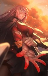 Rule 34 | 1girl, alternate hairstyle, arm at side, bandage over one eye, bandages, between breasts, black pantyhose, black skirt, blood, blood stain, blurry, breasts, buttons, cloud, cloudy sky, cowboy shot, depth of field, fate/grand order, fate (series), floating hair, florence nightingale (fate), florence nightingale (third ascension) (fate), from below, from side, gloves, glowing, glowing eyes, hair down, jacket, jacket on shoulders, light particles, long hair, long sleeves, looking away, looking to the side, medium breasts, miniskirt, one eye covered, open hand, outdoors, palms, pantyhose, parted lips, pink eyes, pink hair, pleated skirt, putting on gloves, red eyes, sash, sideways glance, skirt, sky, solo, spread fingers, tef, very long hair, white gloves