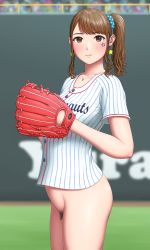 Rule 34 | 1girl, baseball, baseball glove, blue scrunchie, blurry, blurry background, blush, bottomless, brown eyes, brown hair, day, earrings, exhibitionism, female pubic hair, highres, jewelry, looking at viewer, necklace, original, outdoors, ponytail, pubic hair, public indecency, scrunchie, shirt, short sleeves, sidelocks, star (symbol), star earrings, white shirt, yurashima