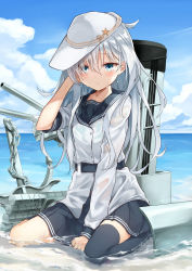 Rule 34 | 10s, 1girl, adjusting hair, azuuru (azure0608), beach, belt, between legs, black skirt, black thighhighs, blue eyes, blush, cannon, cloud, cloudy sky, day, expressionless, flat cap, hair flip, hammer and sickle, hand between legs, hat, hibiki (kancolle), highres, kantai collection, long hair, long sleeves, looking at viewer, machinery, messy hair, neckerchief, ocean, outdoors, partially submerged, pleated skirt, rigging, sailor collar, sand, school uniform, see-through, serafuku, silver hair, sitting, skirt, sky, sleeves rolled up, smokestack, solo, star (symbol), thighhighs, verniy (kancolle), wariza, water, wet, wet clothes, wet hair