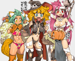 Rule 34 | 3girls, :d, animal ears, aqua hair, axe, bandages, basket, black hat, black legwear, black panties, blonde hair, blue eyes, breasts, candy, cleavage, closed mouth, commentary, dark-skinned female, dark skin, dog ears, dog tail, fang, food, gloves, groin, halloween, halloween costume, hand on own hip, hat, highres, holding, jack-o&#039;-lantern, jewelry, knee cutout, lollipop, long hair, medium breasts, multiple girls, navel, necklace, open mouth, orange gloves, orange legwear, original, panties, pasties, pink hair, pink panties, red eyes, saliva, saliva trail, scar, scar on face, skull, skull necklace, smile, star (symbol), star pasties, tail, thighhighs, translated, underwear, witch hat, yellow eyes, ysk!