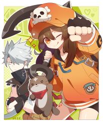 Rule 34 | 1boy, 1girl, anchor, bike shorts, brown eyes, brown hair, cabbie hat, chipp zanuff, dodomezaki, fingerless gloves, gloves, grey hair, guilty gear, guilty gear strive, hat, hat ornament, highres, holding, holding anchor, hood, hoodie, long hair, long sleeves, looking at viewer, may (guilty gear), mie onion, one eye closed, orange eyes, orange headwear, orange hoodie, orange shirt, red eyes, shirt, skull and crossbones, skull hat ornament, smile