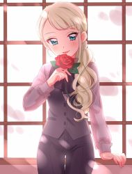 Rule 34 | 1girl, :d, aikatsu!, aikatsu! (series), ascot, black ascot, black pants, black vest, blonde hair, blouse, blue eyes, blunt bangs, blush, cowboy shot, day, fang, flower, hair over shoulder, highres, holding, holding flower, long hair, long sleeves, looking at viewer, open mouth, pants, parted lips, red flower, red rose, rose, sekina, shirt, smile, solo, standing, todo yurika, vest, window