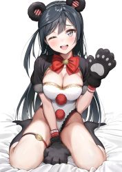 Rule 34 | 1girl, ;d, ameyame, animal ears, animal hands, bed sheet, black hair, blush, bow, bowtie, breasts, bridal garter, cleavage, commentary, fake animal ears, gloves, grey eyes, hand up, highres, large breasts, long hair, looking at viewer, love live!, love live! nijigasaki high school idol club, one eye closed, open mouth, paw gloves, red bow, red bowtie, short sleeves, simple background, sitting, smile, socks, solo, teeth, thighs, upper teeth only, wariza, white background, yuki setsuna (love live!)