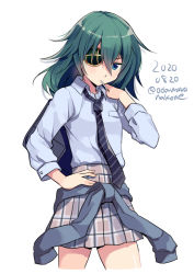 Rule 34 | 1girl, alternate costume, black necktie, blue eyes, blue shirt, blush, collared shirt, dated, eyepatch, green hair, hair between eyes, kantai collection, kiso (kancolle), long sleeves, mouth hold, necktie, odawara hakone, one-hour drawing challenge, plaid, plaid skirt, pleated skirt, shirt, short hair, simple background, skirt, solo, twitter username, white background
