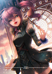 Rule 34 | 10s, 1girl, city, clock, clock tower, detached sleeves, dress, final fantasy, final fantasy xiii, gothic lolita, lightning returns: final fantasy xiii, lipstick, lolita fashion, lumina (ffxiii), makeup, parted lips, pink hair, side ponytail, solo, time (artist), tower
