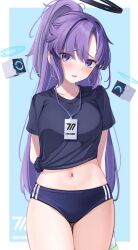 Rule 34 | 1girl, arms behind back, black shirt, blue archive, blue buruma, blue eyes, blush, border, breasts, buruma, commentary request, cowboy shot, drone, embarrassed, furrowed brow, gluteal fold, gym uniform, halo, highres, id card, lanyard, light blue background, long hair, looking at viewer, medium breasts, midriff, navel, nosuke tmg, official alternate costume, outside border, parted lips, ponytail, purple hair, red pupils, shirt, short sleeves, solo, star sticker, sticker on face, thighs, tied shirt, white border, yuuka (blue archive), yuuka (track) (blue archive)