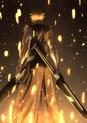 1boy arms_at_sides asymmetrical_dual_wielding back bare_arms black_hakama black_kimono bleach bleach:_sennen_kessen-hen commentary dual_wielding english_commentary feet_out_of_frame from_behind hakama highres holding holding_sword holding_weapon japanese_clothes kimono kurosaki_ichigo light_particles male_focus mitarashi_(5333069) muscular muscular_male orange_hair short_hair simple_background sleeveless sleeveless_kimono solo spiked_hair sword torn_clothes torn_kimono true_zangetsu_(shikai) weapon