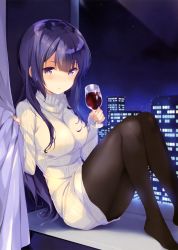 Rule 34 | 1girl, absurdres, alcohol, blush, breasts, brown pantyhose, building, cropped, cup, curtains, dress, drinking glass, fingernails, girlish number, glass, hands up, highres, holding, indoors, large breasts, long hair, long sleeves, medium breasts, night, night sky, ohara tometa, pantyhose, purple eyes, purple hair, ribbed sweater, scan, shibasaki kazuha, sitting, sky, solo, sweater, sweater dress, turtleneck, turtleneck sweater, white sweater, wine, wine glass