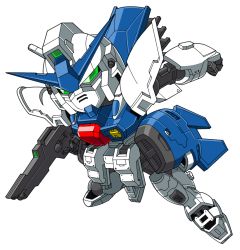 Rule 34 | beni (nikaidera), chibi, clenched hand, g-saviour gundam, green eyes, gun, gundam, gundam g-saviour, highres, holding, holding gun, holding weapon, looking at viewer, mecha, no humans, robot, solo, v-fin, weapon, white background